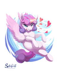 Size: 4800x6000 | Tagged: safe, artist:silentwulv, princess flurry heart, alicorn, pony, g4, absurd resolution, female, flying, heart, looking at you, mare, older, older flurry heart, solo, spread wings, tongue out, wings