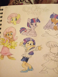 Size: 1280x1707 | Tagged: safe, artist:mirabuncupcakes15, fluttershy, octavia melody, rarity, twilight sparkle, alicorn, human, pegasus, pony, g4, alicorn humanization, alternate hairstyle, bowtie, clothes, coat, dark skin, female, flats, grin, horn, horned humanization, humanized, open mouth, shirt, shoes, sketch, skirt, smiling, traditional art, twilight sparkle (alicorn), winged humanization