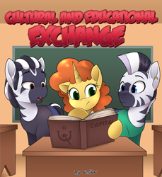 Size: 5215x5689 | Tagged: safe, artist:felixf, oc, oc only, oc:kizya, oc:loona, pony, unicorn, zebra, series:cultural and educational exchange, spoiler:comic, book, clothes, comic, communism, hammer and horseshoe, horn, male, school, solo, stallion, unicorn oc, zebra oc