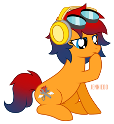 Size: 1109x1200 | Tagged: safe, artist:jennieoo, oc, oc only, oc:electric swing, earth pony, pony, goggles, headphones, show accurate, simple background, sitting, solo, thinking, transparent background, vector