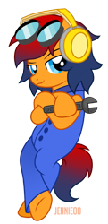 Size: 580x1200 | Tagged: safe, artist:jennieoo, oc, oc only, oc:electric swing, earth pony, pony, clothes, crossed arms, crossed hooves, goggles, headphones, overalls, show accurate, simple background, solo, standing, transparent background, vector, wrench