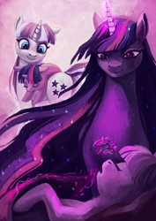 Size: 1800x2546 | Tagged: safe, artist:escapist, artist:weird--fish, twilight sparkle, twilight velvet, alicorn, pony, unicorn, g4, the last problem, collaboration, feels, female, filly, filly twilight sparkle, glasses, magic, mother and child, mother and daughter, older, older twilight, older twilight sparkle (alicorn), princess twilight 2.0, telekinesis, twilight sparkle (alicorn), younger