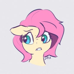 Size: 917x918 | Tagged: safe, artist:drafthoof, fluttershy, pony, g4, alternate hairstyle, bust, disgusted, female, floppy ears, gritted teeth, head, looking away, looking sideways, mare, portrait, short mane, simple background, solo