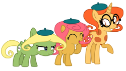 Size: 1280x720 | Tagged: safe, artist:media1997, earth pony, pegasus, pony, unicorn, base used, blonde mane, camp lazlo, cute, eyes closed, female, glasses, gretchen (camp lazlo), nina neckerly, orange mane, patsy smiles, pink mane, ponified, simple background, trio, trio female