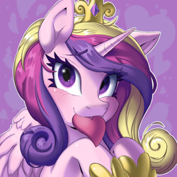 Size: 3000x3000 | Tagged: safe, artist:porcelanowyokular, princess cadance, alicorn, pony, g4, blushing, bust, crown, cute, cute little fangs, cutedance, fangs, female, heart, high res, holiday, jewelry, mare, mouth hold, regalia, smiling, solo, valentine's day