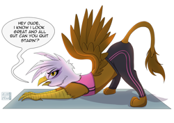 Size: 3755x2661 | Tagged: safe, artist:alicetriestodraw, gilda, griffon, g4, annoyed, aside glance, clothes, face down ass up, female, gym, gym uniform, high res, looking at you, midriff, solo, speech bubble, sports bra, stretching, talking to viewer