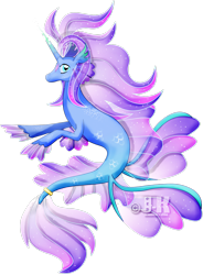 Size: 2103x2852 | Tagged: safe, artist:jotakaanimation, oc, oc only, hippocampus, hybrid, merpony, seapony (g4), blue eyes, dorsal fin, fin wings, fins, fish tail, flowing mane, flowing tail, gem, glowing, glowing horn, high res, horn, logo, long horn, simple background, smiling, solo, sparkles, tail, transparent background, vector, wings