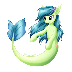 Size: 1500x1500 | Tagged: safe, artist:kotezio, oc, oc only, hybrid, merpony, starfish, colored pupils, female, fish tail, flowing mane, flowing tail, green mane, purple eyes, seashell, shell, simple background, smiling, solo, tail, transparent background