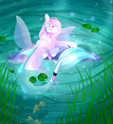 Size: 1026x1132 | Tagged: safe, artist:dramaostrich, oc, oc only, fish, hybrid, merpony, seapony (g4), colored pupils, dorsal fin, female, fin wings, fins, fish tail, glowing, pink mane, purple eyes, smiling, solo, sunlight, tail, water, wings