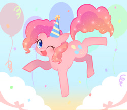 Size: 1155x1000 | Tagged: safe, artist:yukiha_321, pinkie pie, earth pony, pony, g4, balloon, colored pupils, confetti, cute, diapinkes, female, hat, looking at you, mare, one eye closed, open mouth, party hat, pixiv, solo, wink