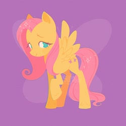 Size: 2048x2048 | Tagged: dead source, safe, artist:vanillavache, fluttershy, butterfly, pegasus, pony, g4, cute, cutie mark background, eyelashes, female, hair over one eye, high res, looking at you, mare, purple background, raised hoof, shyabetes, simple background, smiling, solo, sparkling mane, spread wings, standing, starry eyes, three quarter view, wingding eyes, wings
