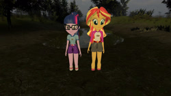 Size: 1280x720 | Tagged: safe, artist:pyrotech4, sci-twi, sunset shimmer, twilight sparkle, equestria girls, g4, my little pony equestria girls: legend of everfree, 3d, camp everfree logo, camp everfree outfits, gmod, mud, quicksand, sinking, smiling, swamp