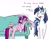 Size: 1219x946 | Tagged: safe, artist:jargon scott, part of a set, princess cadance, shining armor, alicorn, pony, unicorn, g4, bags under eyes, drained, exhausted, eyes closed, female, floppy horn, horn, husband, husband and wife, male, mane down, shining armor is a good husband, wife