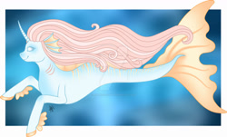 Size: 1280x775 | Tagged: safe, artist:ashestoashkar, oc, oc only, hybrid, merpony, seapony (g4), blue background, deviantart watermark, fins, fish tail, flowing mane, horn, long mane, obtrusive watermark, ocean, signature, simple background, smiling, solo, swimming, tail, underwater, water, watermark