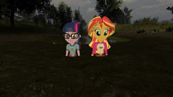 Size: 1280x720 | Tagged: safe, artist:pyrotech4, sci-twi, sunset shimmer, twilight sparkle, equestria girls, g4, my little pony equestria girls: legend of everfree, 3d, camp everfree logo, camp everfree outfits, gmod, mud, quicksand, sinking, smiling, swamp
