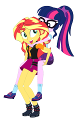 Size: 649x1081 | Tagged: safe, artist:jcpreactyt, sci-twi, sunset shimmer, twilight sparkle, equestria girls, equestria girls series, g4, clothes, cute, cutie mark, cutie mark on clothes, duo, duo female, female, geode of empathy, hair, hairpin, humans riding humans, lesbian, magical geodes, piggyback ride, ponytail, riding, school uniform, shimmerbetes, ship:sci-twishimmer, ship:sunsetsparkle, shipping, shirt, simple background, skirt, transparent background, twilight riding sunset shimmer, vector