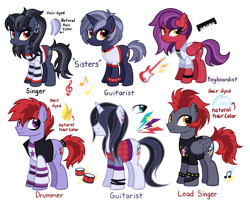 Size: 1280x1067 | Tagged: safe, artist:thecheeseburger, oc, earth pony, pegasus, pony, unicorn, g4, band, clothes, ear piercing, earring, female, group, guitar, jewelry, keyboard, male, mare, musical instrument, piercing, purple hair, red hair, simple background, smiling, stallion, transparent background