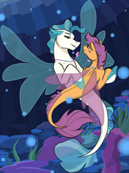 Size: 2048x2732 | Tagged: safe, artist:pitterpaint, scootaloo, terramar, pegasus, pony, seapony (g4), g4, blue eyes, blushing, bubble, coral, crepuscular rays, dorsal fin, female, fin wings, fins, fish tail, flowing tail, high res, jewelry, lidded eyes, looking at each other, male, necklace, purple eyes, seaponified, seapony scootaloo, seaquestria, seaweed, ship:terraloo, shipping, signature, smiling, species swap, straight, swimming, tail, underwater, water, wings