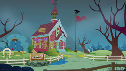 Size: 1280x720 | Tagged: safe, screencap, g4, hearts and hooves day (episode), season 2, background, no pony, ponyville, ponyville schoolhouse, scenic ponyville, tree