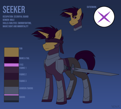 Size: 5064x4567 | Tagged: safe, artist:neoncel, oc, oc only, oc:seeker, pony, unicorn, blindfold, reference sheet, sword, weapon