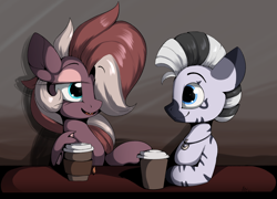 Size: 3446x2486 | Tagged: safe, artist:luxsimx, oc, oc:efflorescence, oc:kona, pony, zebra, coffee, food, high res, makeup, talking, tea, zebra oc