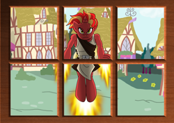 Size: 3436x2428 | Tagged: safe, artist:niban-destikim, oc, oc:pyro, anthro, fire, flying, high res, house, ponyville, this will end in tears, window