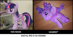 Size: 991x500 | Tagged: safe, twilight sparkle, alicorn, pony, g4, comparison, irl, photo, plushie, twilight sparkle (alicorn)