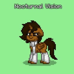 Size: 509x509 | Tagged: safe, artist:php178, editor:php178, oc, oc only, oc:nocturnal vision, alicorn, pony, pony town, alicorn oc, clothes, female, floppy ears, green background, horn, leg warmers, mare, pixel art, ponified, scarf, screenshots, simple background, solo, wings