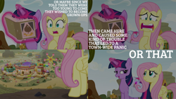 Size: 1986x1117 | Tagged: safe, edit, edited screencap, editor:quoterific, screencap, coco crusoe, fire flicker, fluttershy, jonagold, linky, marmalade jalapeno popette, shoeshine, summer breeze, twilight sparkle, alicorn, pegasus, pony, g4, growing up is hard to do, apple family member, bag, book, duo, duo female, female, flower, friendship student, glowing horn, hoof on chest, horn, magic, magic aura, open mouth, panicking, saddle bag, twilight sparkle (alicorn), wishing flower