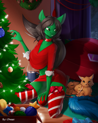 Size: 1026x1280 | Tagged: safe, artist:chessi, oc, oc only, oc:sadie michaels, cat, anthro, choker, christmas, christmas tree, commission, decorating, female, holiday, ribbon, schrödinger's pantsu, tree, ych result