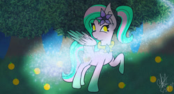 Size: 1280x690 | Tagged: safe, artist:aquabright0219, oc, oc only, pegasus, pony, eyelashes, female, flower, flower in hair, mare, outdoors, pegasus oc, raised hoof, signature, solo, tree, wings