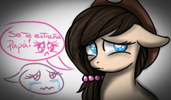 Size: 1280x750 | Tagged: safe, artist:amgiwolf, oc, oc only, earth pony, pony, bust, crying, earth pony oc, hat, offscreen character, pictogram, sad, solo, spanish, talking