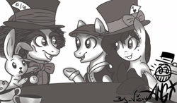 Size: 1280x750 | Tagged: safe, artist:amgiwolf, angel bunny, oc, oc:amgi, pony, rabbit, g4, alice in wonderland, animal, bowtie, bust, card, clothes, eyelashes, female, grin, hat, limited palette, mad hatter, male, mare, ponified, smiling, stallion, top hat, underhoof
