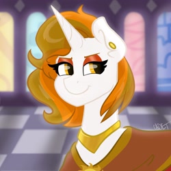 Size: 2048x2048 | Tagged: safe, artist:cadetredshirt, oc, oc only, oc:aurora shinespark, pony, unicorn, bust, canterlot castle interior, commission, digital art, ear piercing, earring, high res, horn, icon, jewelry, piercing, smiling, smug, solo