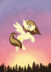 Size: 1448x2048 | Tagged: safe, artist:mantatsubasa_, oc, oc only, oc:prince whateverer, pegasus, pony, crown, flying, jewelry, looking up, regalia, solo, spread wings, sunset, tree, wings