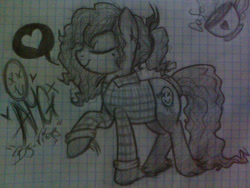 Size: 1600x1200 | Tagged: safe, artist:amgiwolf, oc, oc only, oc:amgi, earth pony, pony, clothes, coffee, cup, earth pony oc, eyes closed, female, graph paper, heart, hoof fluff, mare, pictogram, raised hoof, smiling, solo, teacup, traditional art