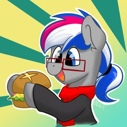 Size: 1400x1400 | Tagged: safe, artist:cadetredshirt, oc, oc only, earth pony, pony, burger, bust, clothes, commission, digital art, eating, food, glasses, happy, hay burger, herbivore, heterochromia, male, multicolored hair, ponytail, scarf, simple background, smiling, solo, sweater, ych result