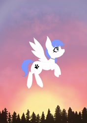Size: 1448x2048 | Tagged: safe, artist:mantatsubasa_, oc, oc:snow pup, pegasus, pony, collar, eyelashes, female, flying, looking up, mare, paw prints, pegasus oc, smiling, spread wings, sunset, tree, wings