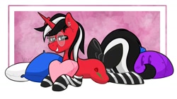 Size: 1583x891 | Tagged: safe, artist:cadetredshirt, oc, oc only, oc:rosalia, pony, unicorn, bedroom eyes, bow, clothes, commission, ear piercing, earring, female, glasses, heart, heart pillow, jewelry, mare, piercing, pillow, simple background, smiling, socks, solo, striped socks, tail bow, two toned mane, ych result