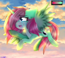 Size: 1150x1024 | Tagged: safe, artist:juliet-gwolf18, oc, oc only, oc:juliet, alicorn, pony, alicorn oc, cloud, crying, eyelashes, female, flying, hoof shoes, horn, mare, open mouth, outdoors, sad, signature, solo, wings