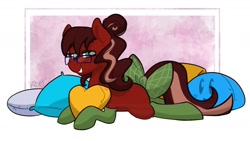 Size: 1583x891 | Tagged: safe, artist:cadetredshirt, oc, oc only, oc:cadetpone, earth pony, pony, bedroom eyes, bow, clothes, commission, female, glasses, heart, heart pillow, mare, missing accessory, pillow, simple background, smiling, socks, solo, tail bow, two toned mane, ych result