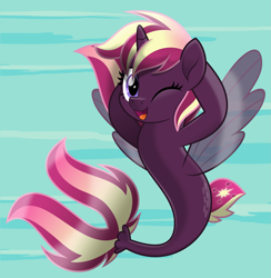 Size: 2419x2480 | Tagged: safe, artist:jhayarr23, oc, oc only, alicorn, pony, seapony (g4), commission, crepuscular rays, dorsal fin, fin wings, fish tail, flowing mane, flowing tail, high res, horn, one eye closed, open mouth, purple eyes, seaponified, smiling, solo, species swap, sunlight, tail, underwater, water, wings, wink