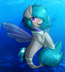 Size: 1075x1200 | Tagged: safe, artist:kittykat1279, oc, oc only, seapony (g4), blushing, crepuscular rays, dorsal fin, ear fluff, eyelashes, fin wings, fins, fish tail, flowing mane, flowing tail, gem, jewelry, necklace, ocean, open mouth, purple eyes, signature, smiling, solo, sunlight, tail, underwater, water, wings