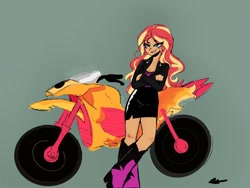 Size: 1080x810 | Tagged: safe, artist:rapunzelights, sunset shimmer, human, g4, boots, clothes, crossed arms, female, gray background, grin, high heel boots, humanized, jacket, motorcycle, shoes, signature, simple background, skirt, smiling