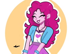 Size: 1080x815 | Tagged: safe, artist:rapunzelights, pinkie pie, equestria girls, g4, abstract background, bracelet, clothes, ear piercing, eyes closed, female, grin, jewelry, lipstick, necklace, piercing, signature, smiling