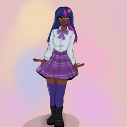 Size: 1080x1080 | Tagged: safe, artist:rapunzelights, twilight sparkle, human, g4, abstract background, boots, clothes, dark skin, eyelashes, female, grin, humanized, shoes, signature, skirt, smiling, socks, solo