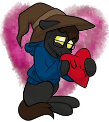 Size: 900x1000 | Tagged: safe, artist:cadetredshirt, oc, oc only, oc:belmont waltz, changeling, pony, brown hair, clothes, commission, digital background, floppy ears, glasses, hat, heart, holeless, holiday, hoodie, looking offscreen, oversized hat, shy, simple background, sitting, smiling, solo, sweater, valentine, valentine's day, valentine's day card, ych result, yellow changeling, yellow eyes