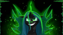Size: 600x338 | Tagged: safe, artist:cadetredshirt, queen chrysalis, changeling, changeling queen, g4, female, glowing, glowing eyes, glowing horn, glowing wings, green eyes, horn, looking at you, menacing, smiling, smiling at you, solo, thumbnail, wings