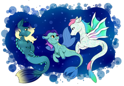 Size: 1120x773 | Tagged: safe, artist:katarikat, oc, oc only, hybrid, merpony, seapony (g4), blue background, bubble, digital art, dorsal fin, family, fin wings, fins, fish tail, flowing mane, flowing tail, looking at each other, ocean, simple background, smiling, tail, teeth, transparent background, underwater, water, wings, yellow eyes