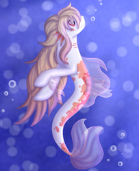 Size: 1024x1261 | Tagged: safe, artist:fallsplash, oc, oc only, hybrid, merpony, seapony (g4), bubble, crepuscular rays, digital art, dorsal fin, fins, fish tail, flowing mane, flowing tail, long mane, looking up, ocean, red eyes, smiling, solo, sunlight, swimming, tail, underwater, water